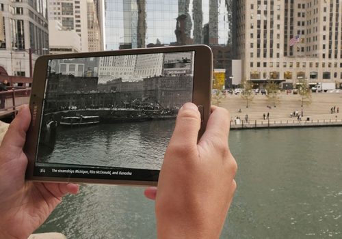 Person holding iPad to use a virtual reality app